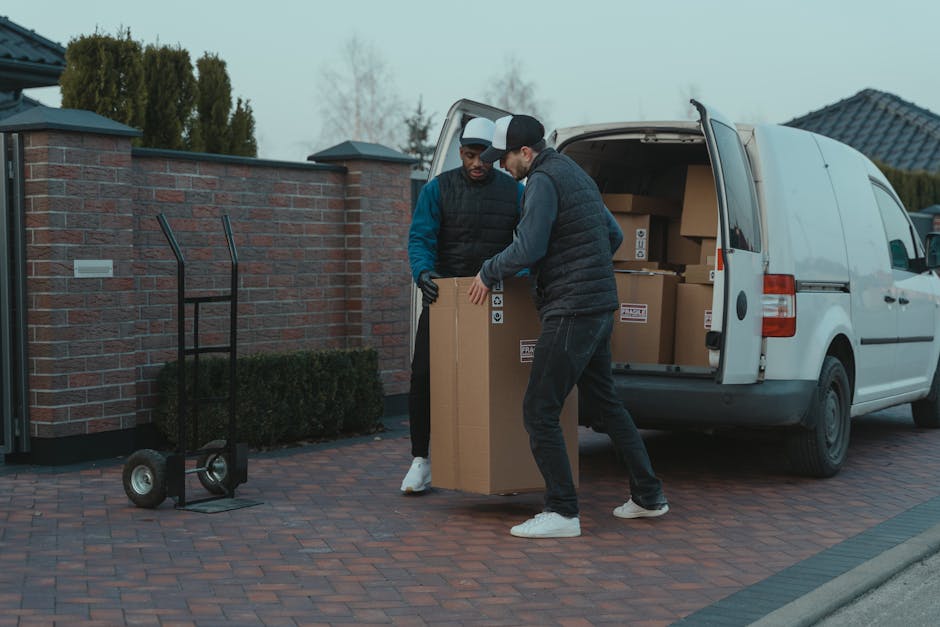 A young man with a serious expression, wearing a black cap and a white polo shirt, stands inside the open rear doors of a van used for home relocation. Behind him, there are several cardboard boxes of
